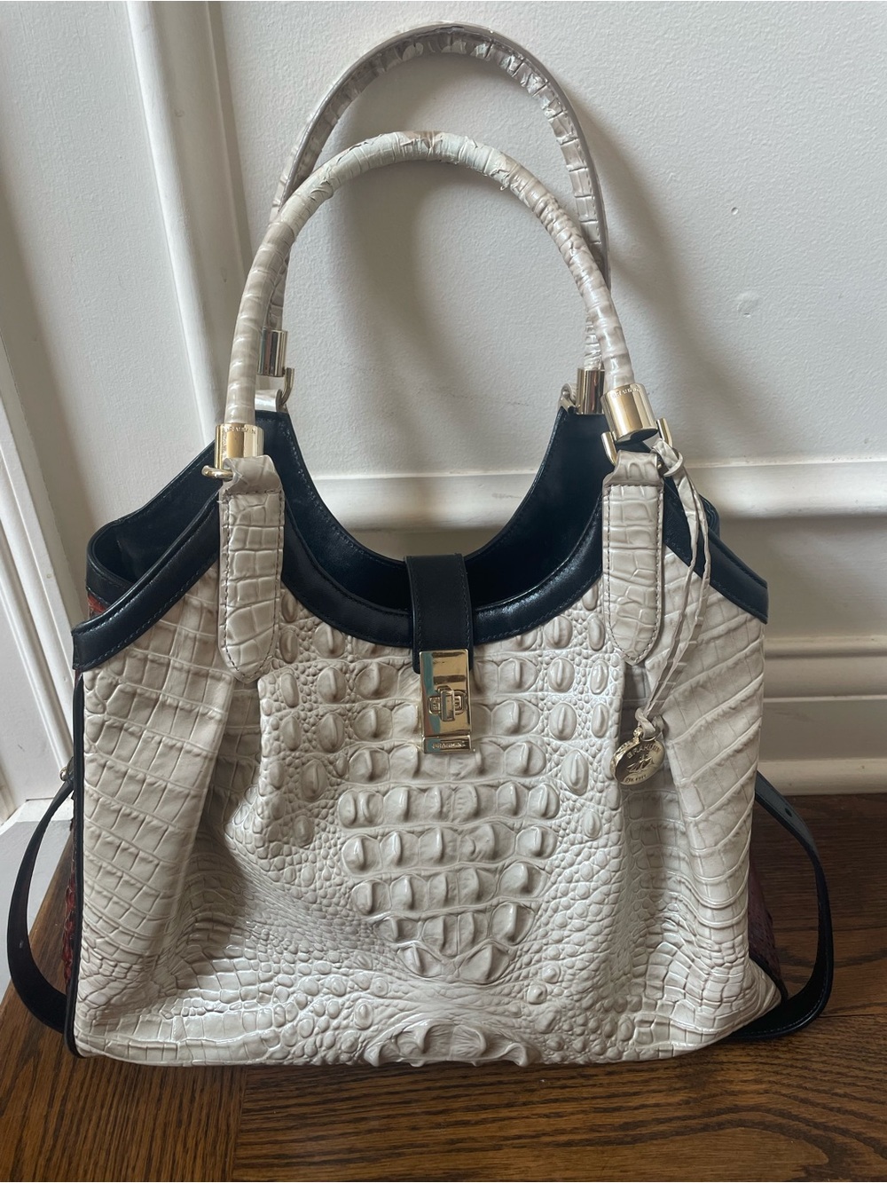 Brahmin Celia tan black satchel beige